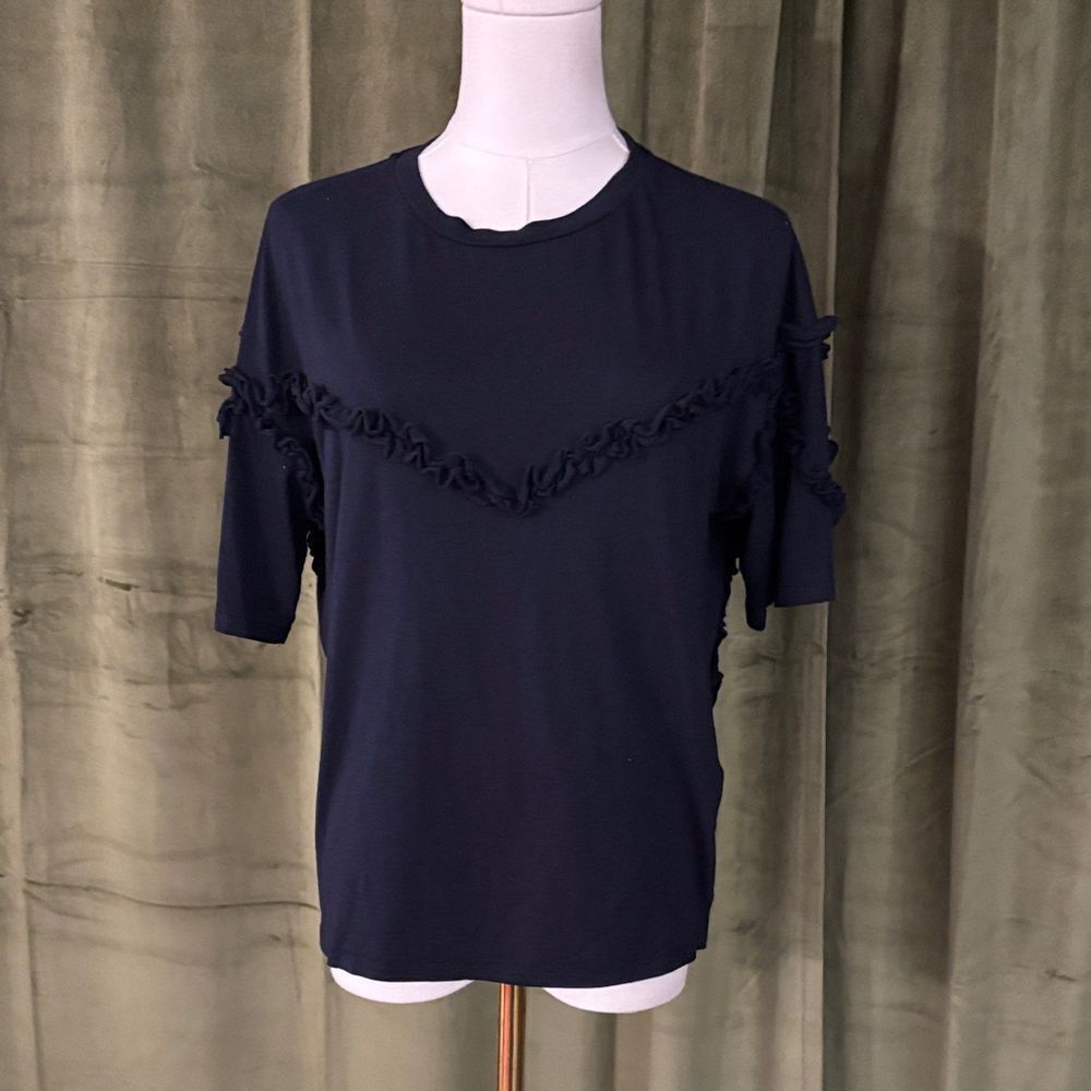 Maje Dark Blue Ruffle Accent Tee, L